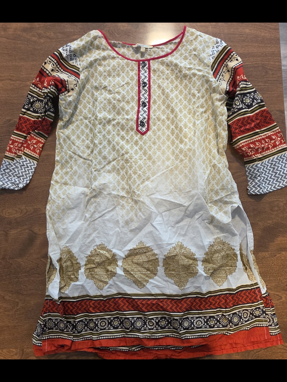 Global Desi Women's Cream Dreds/Kurti with Red and Black Patterned Sleeves